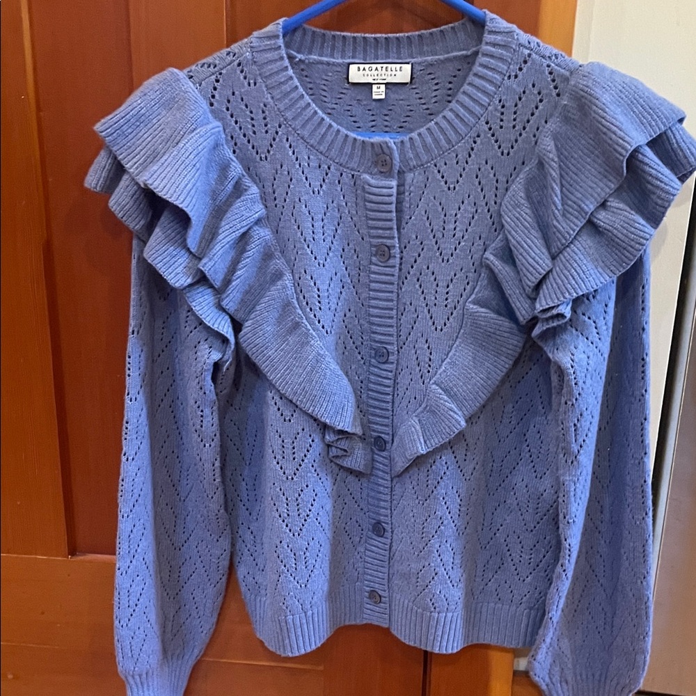 Lace Knit Blue Ruffle Cardigan